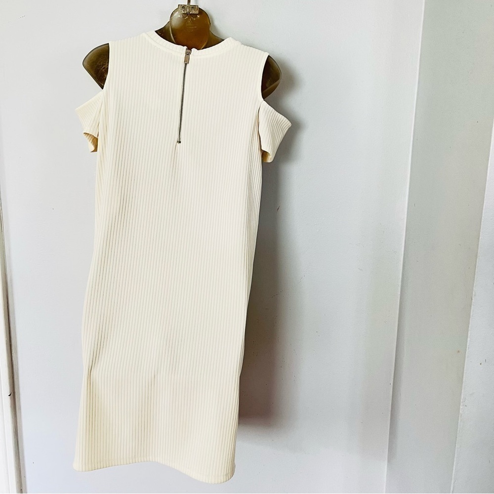 Zara Cream Ribbed Cold Shoulder Midi Dress Large | Boho Bridal Chic Elegant - Picture 3 of 4